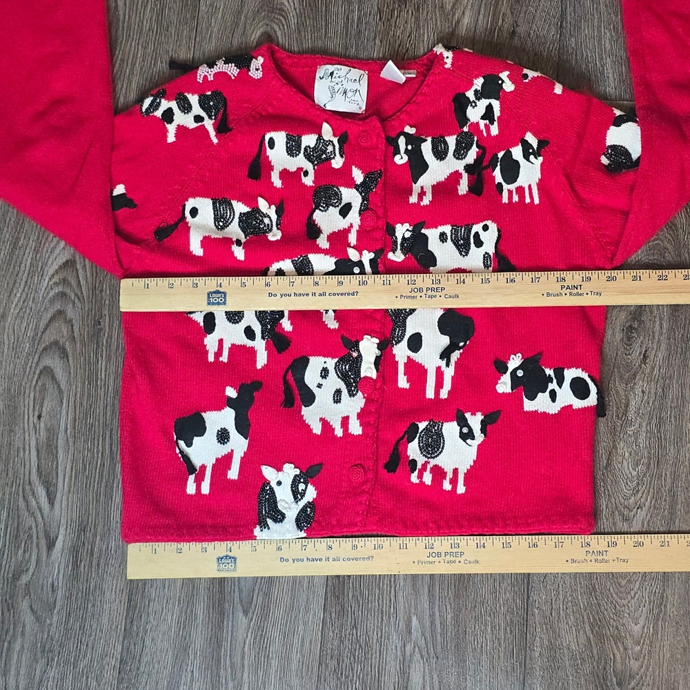 Michael Simon Cow Print Beaded Cardigan Medium Red Womens Vintage 1998 Sweater - Picture 7 of 11